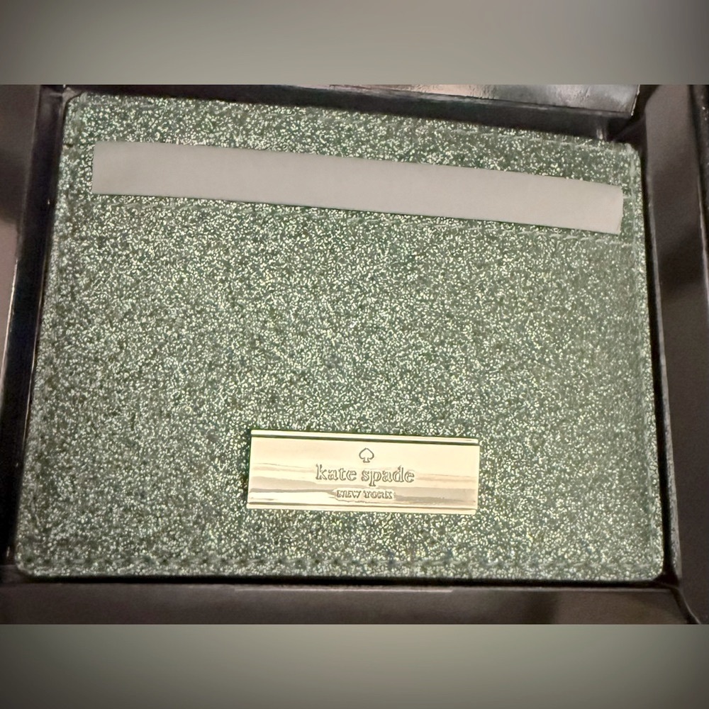 Kate Spade Kenzie cardholder metallic seawater green shimmer faux leather in box